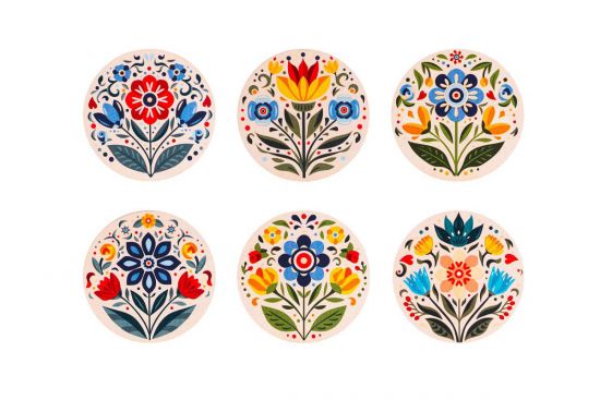 Wooden Coasters with Folk Motif –  Set 6 pc